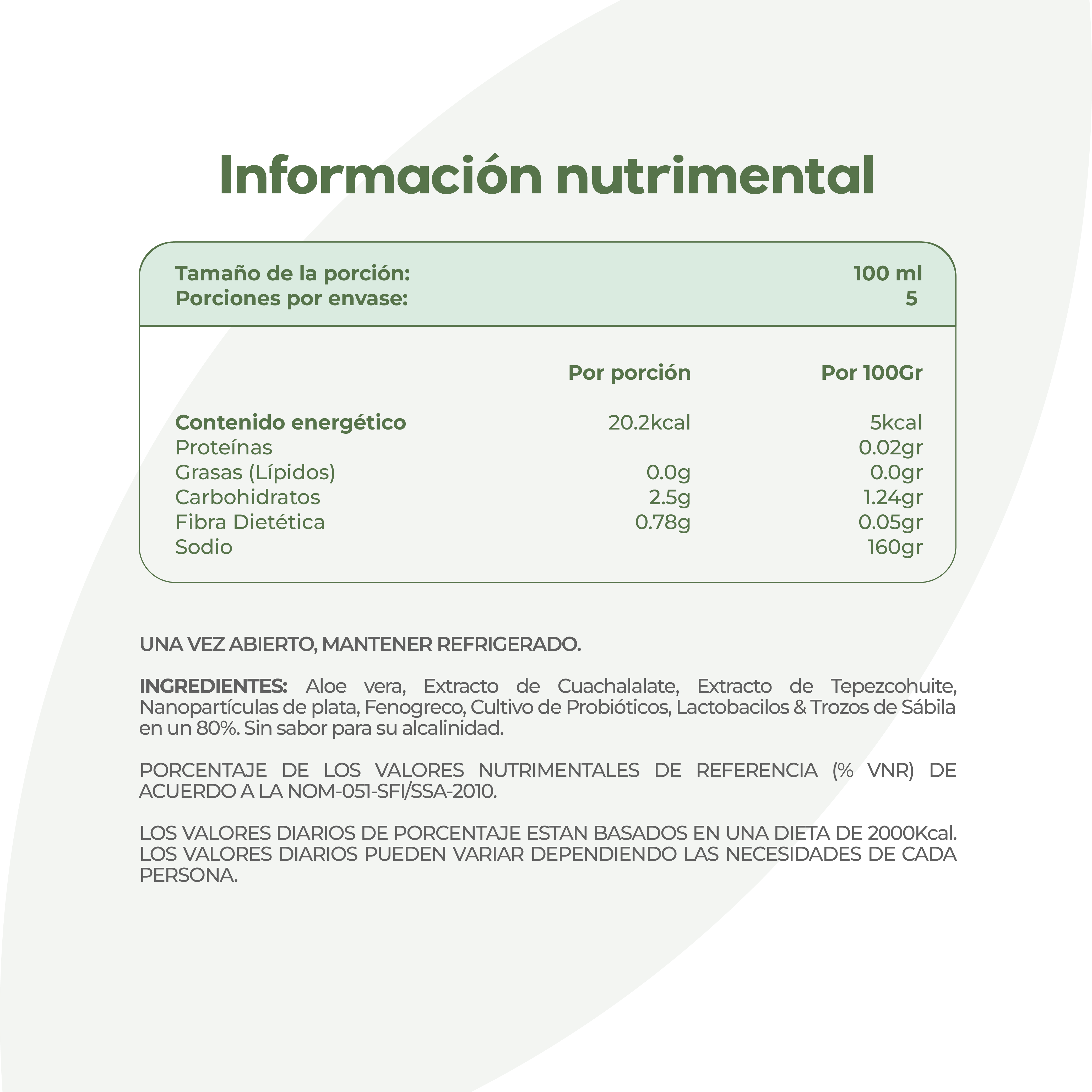 Tabla nutrimental de Aloe Vera Cuachalalate