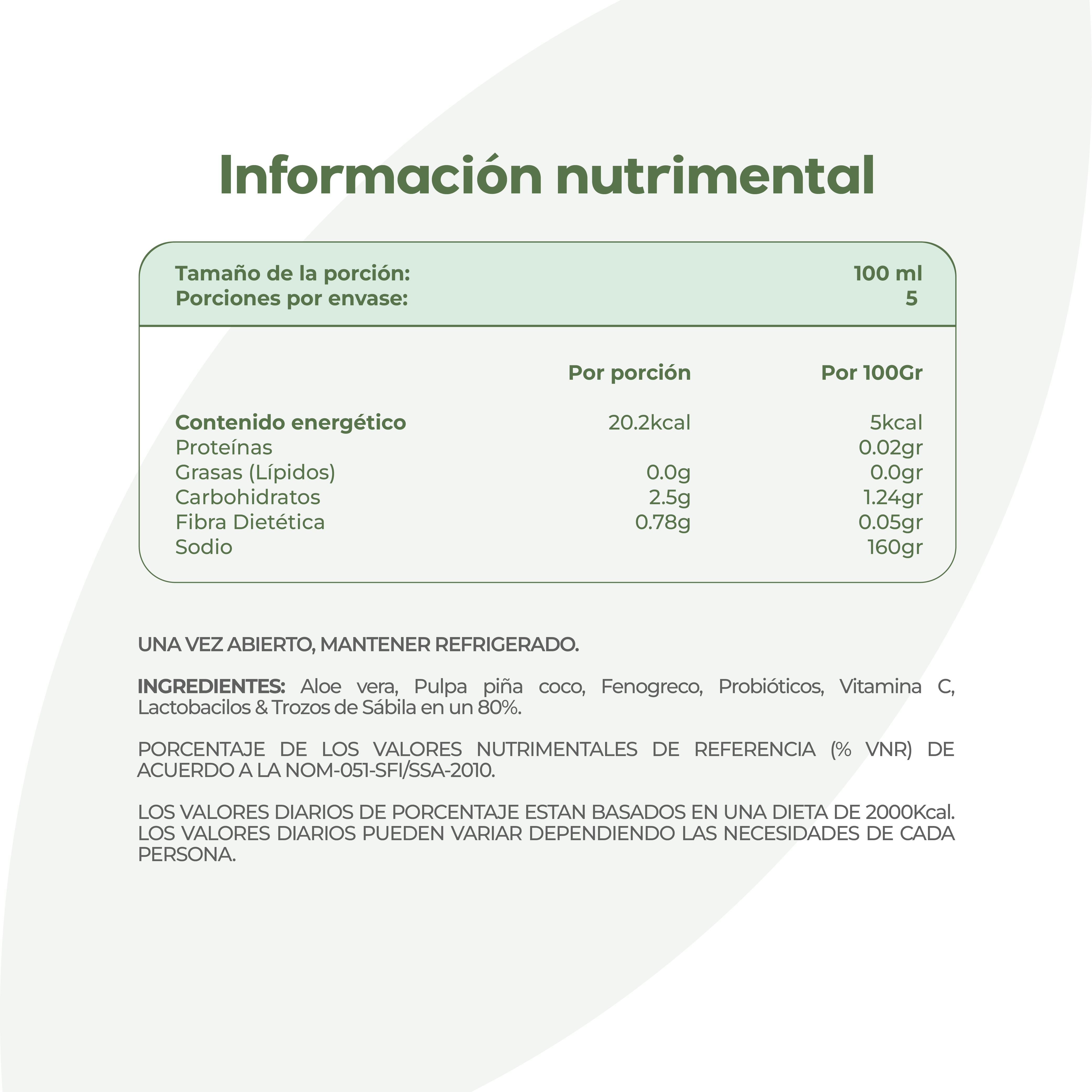 Tabla nutrimental de Aloe Vera Piña Coco
