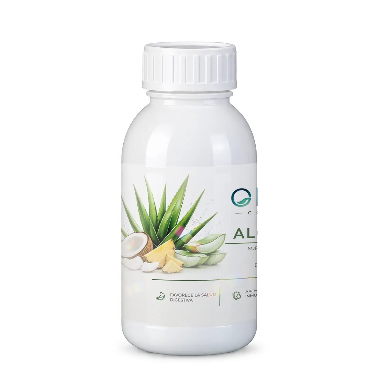 Vista lateral del suplemento Aloe Vera Piña Coco con piña, coco y sábila